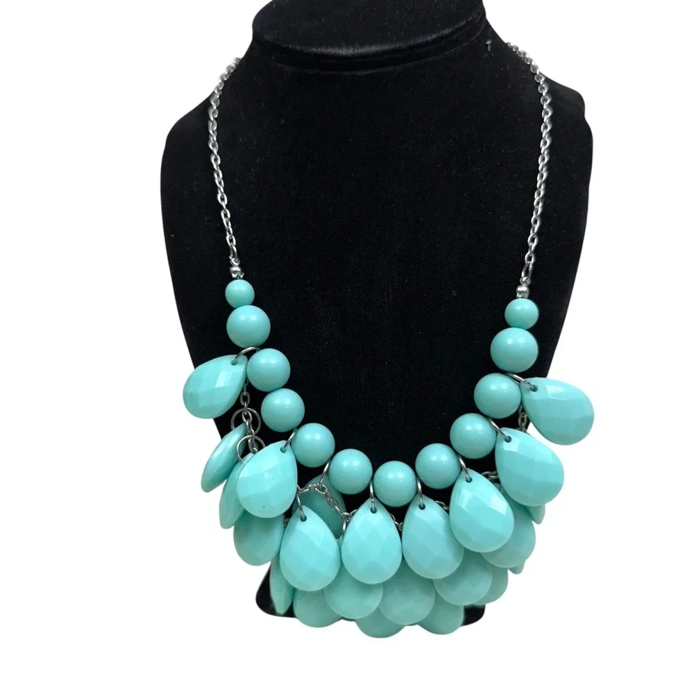 Statement Necklace Turquoise Beaded Bib Chunky Silver Tone Chain Jewelry 20 in